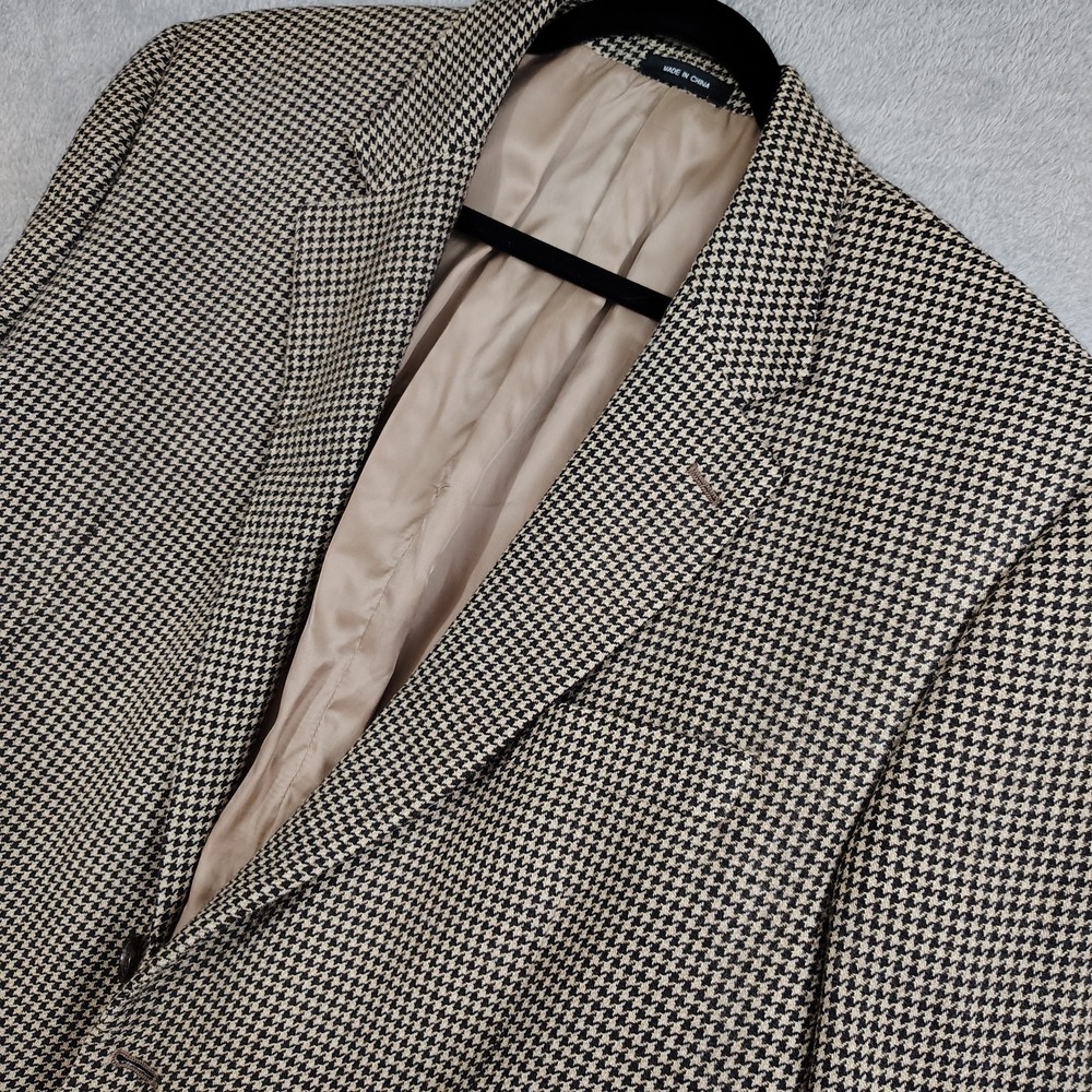 Vtg Ralph Lauren Sport Coat Blazer Men 46R Tan Houndstooth Wool Flannel